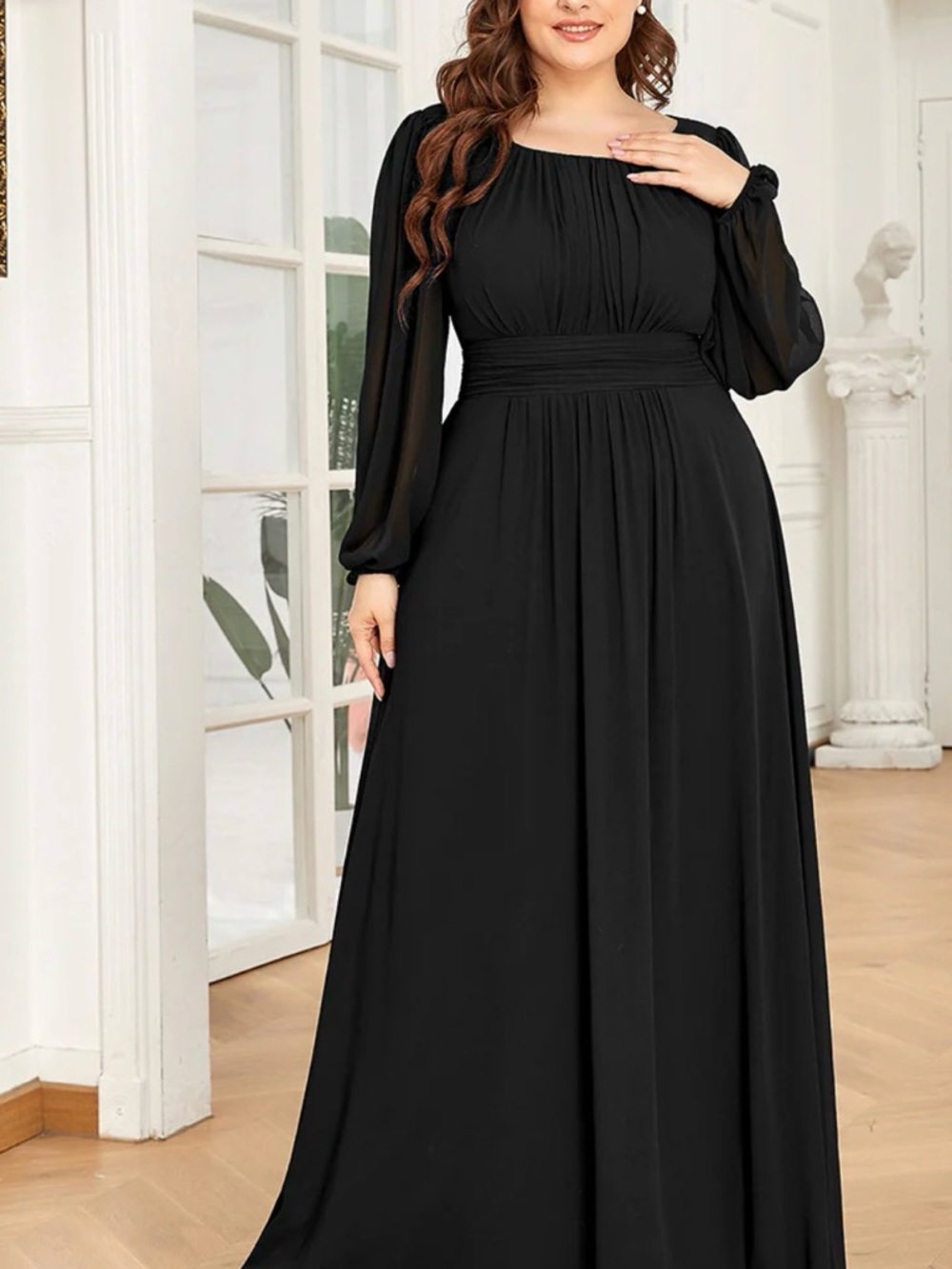 Plus Size Elegant Long Black Evening Dress with Sheer Sleeves